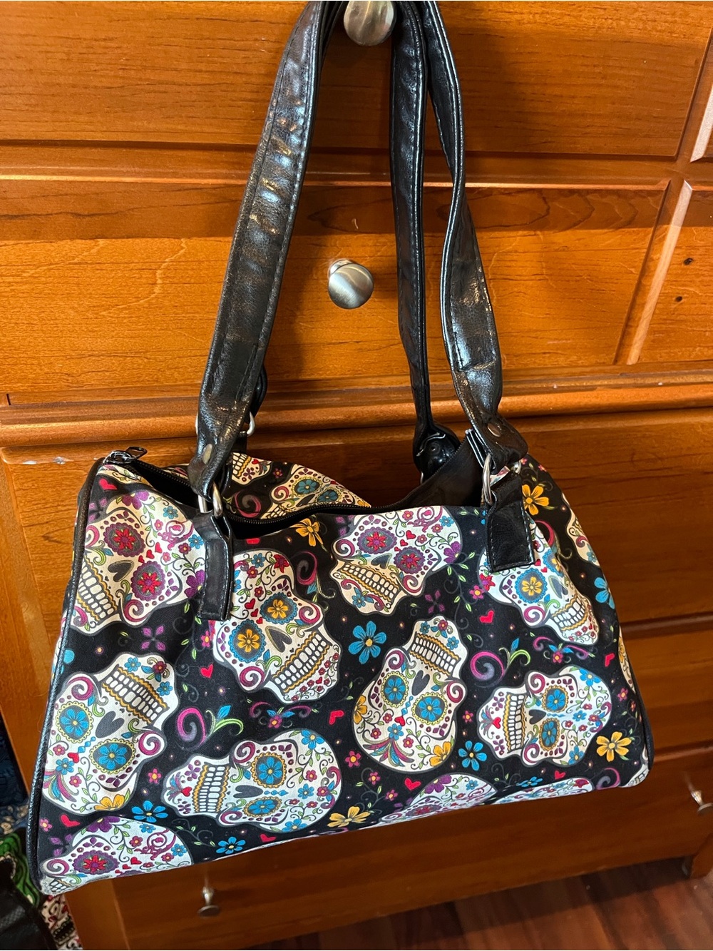 Black Sugar Skull Shoulder Bag with Colorful Floral Accents
